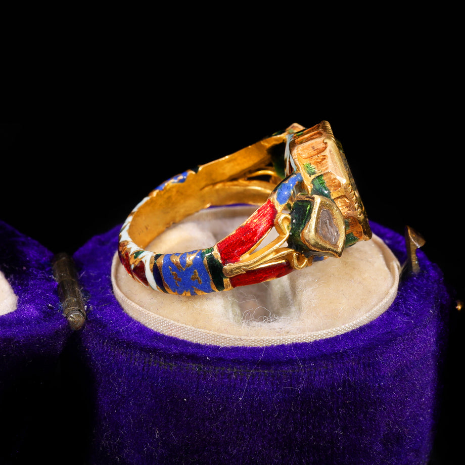 The Antique 19th Century Northern Indian Mughal Diamond And Enamel Meenakari Ring