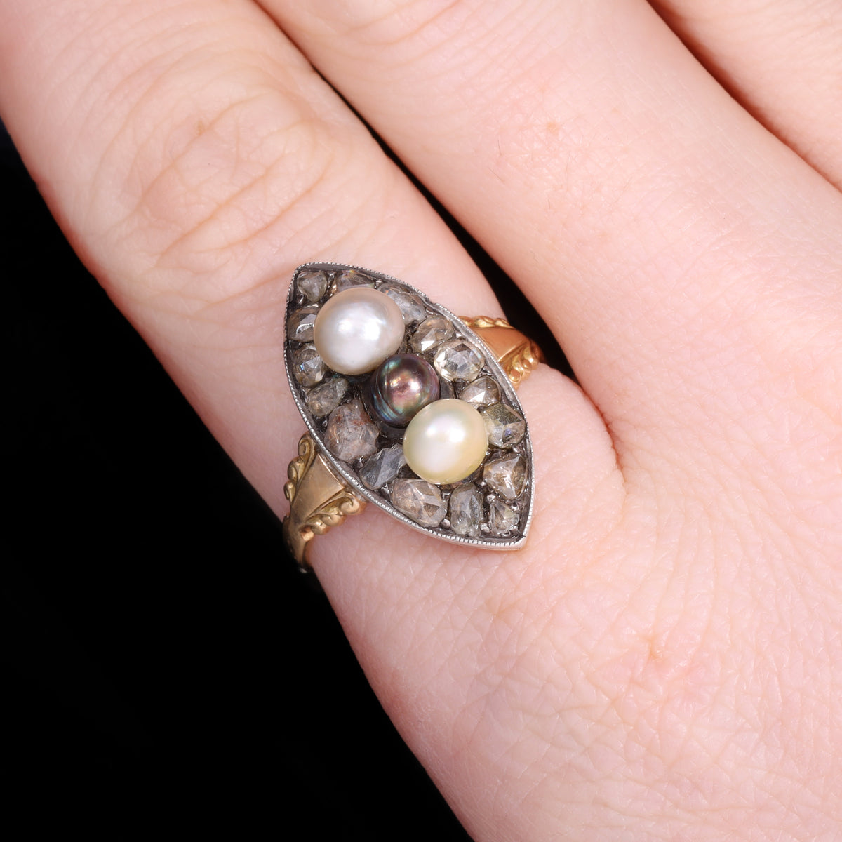 The Antique Georgian Three Pearl And Rose Cut Diamond Navette Ring