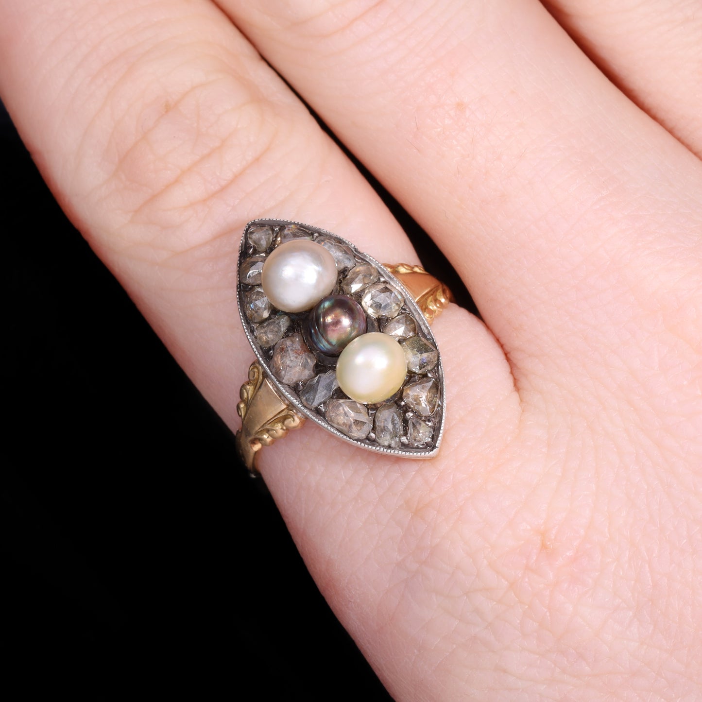 The Antique Georgian Three Pearl And Rose Cut Diamond Navette Ring