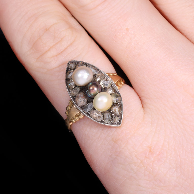 The Antique Three Pearl And Rose Cut Diamond Navette Ring