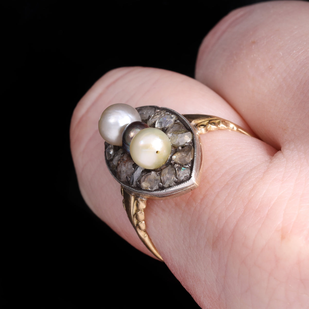 The Antique Georgian Three Pearl And Rose Cut Diamond Navette Ring
