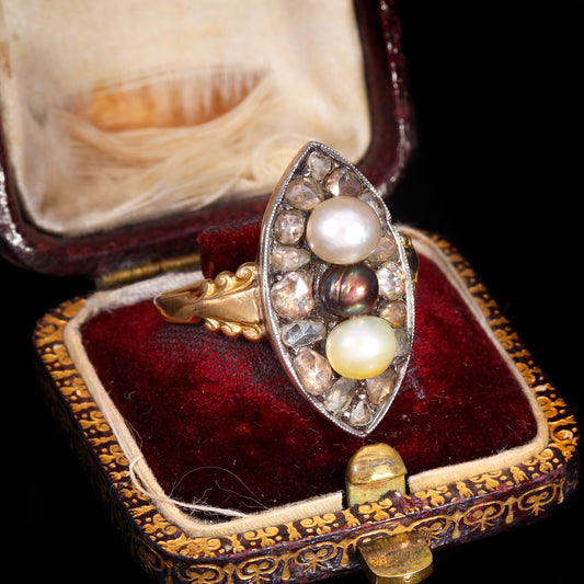 The Antique Georgian Three Pearl And Rose Cut Diamond Navette Ring