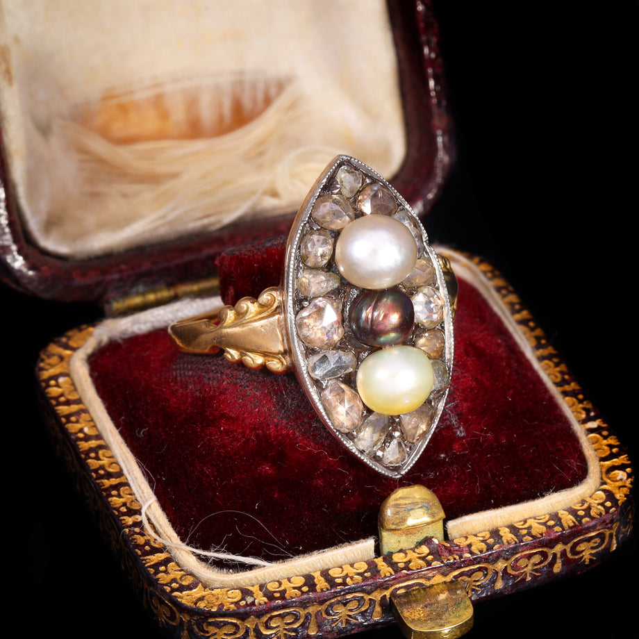 The Antique Three Pearl And Rose Cut Diamond Navette Ring