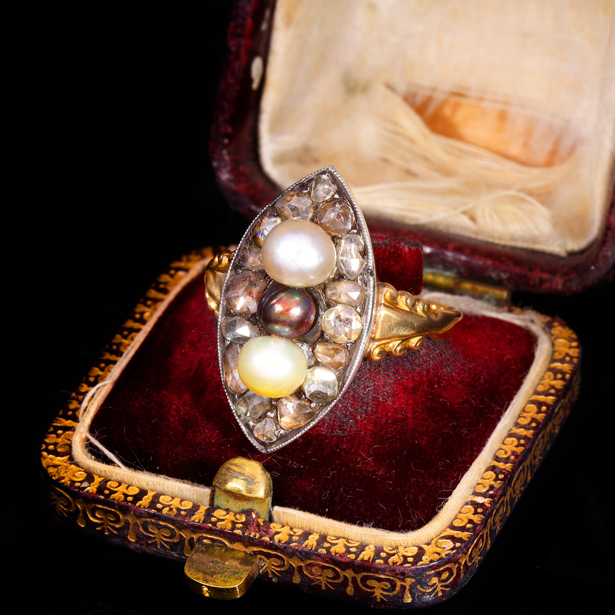The Antique Georgian Three Pearl And Rose Cut Diamond Navette Ring