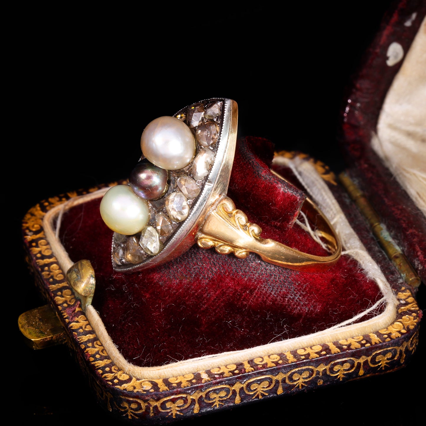 The Antique Georgian Three Pearl And Rose Cut Diamond Navette Ring