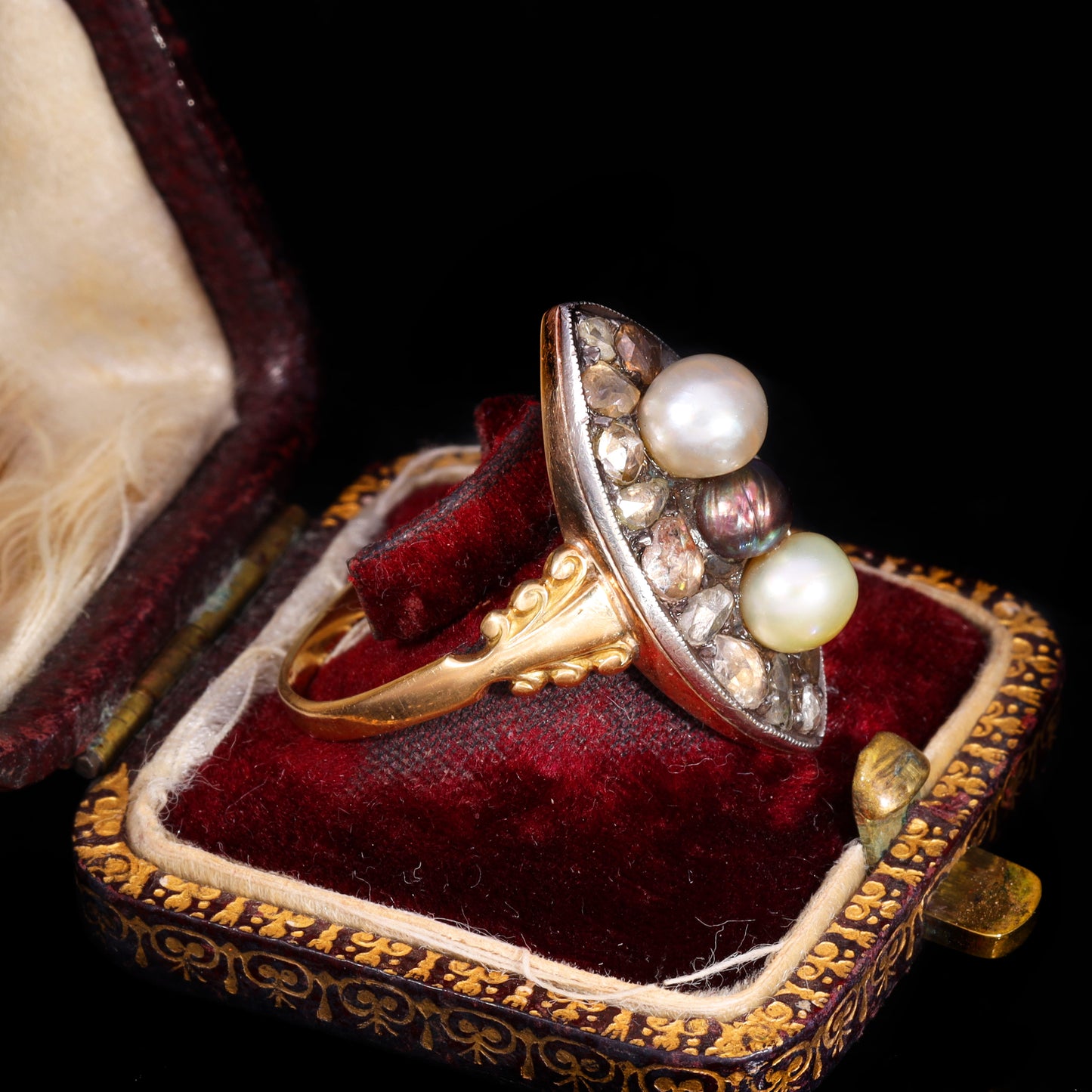 The Antique Georgian Three Pearl And Rose Cut Diamond Navette Ring