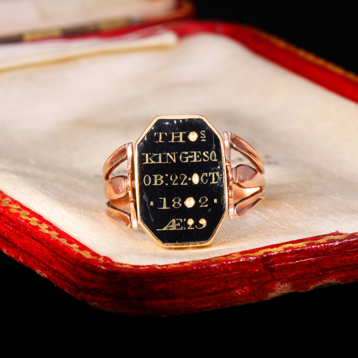 The Antique Georgian 1802 Swivel Brunette Hairwork Enamel Mourning Ring