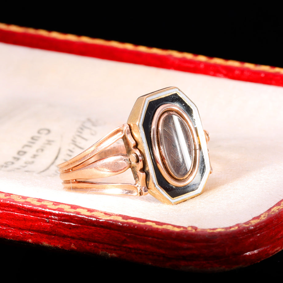 The Antique Georgian 1802 Swivel Brunette Hairwork Enamel Mourning Ring