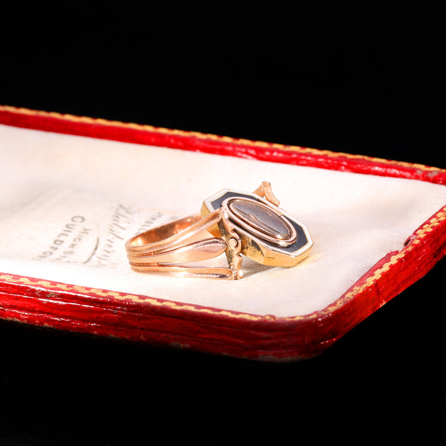 The Antique Georgian 1802 Swivel Brunette Hairwork Enamel Mourning Ring