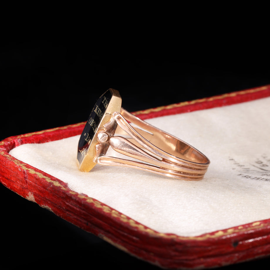 The Antique Georgian 1802 Swivel Brunette Hairwork Enamel Mourning Ring