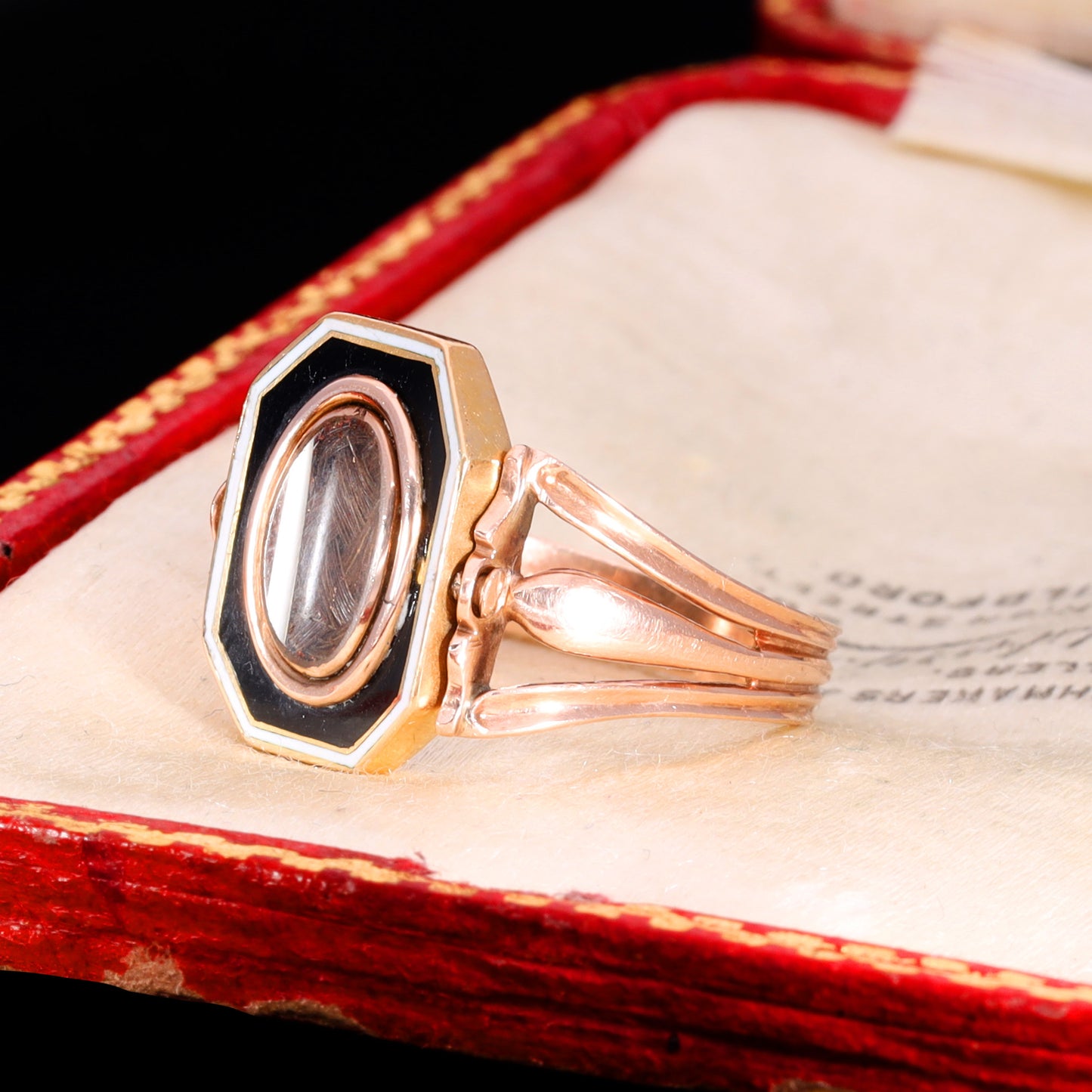 The Antique Georgian 1802 Swivel Brunette Hairwork Enamel Mourning Ring