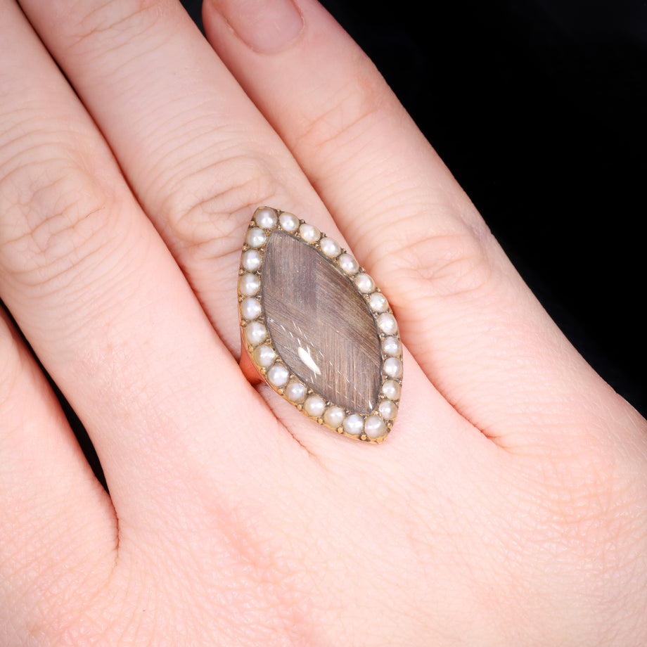 The Antique Early Victorian Hairwork And Pearl Navette Mourning Ring