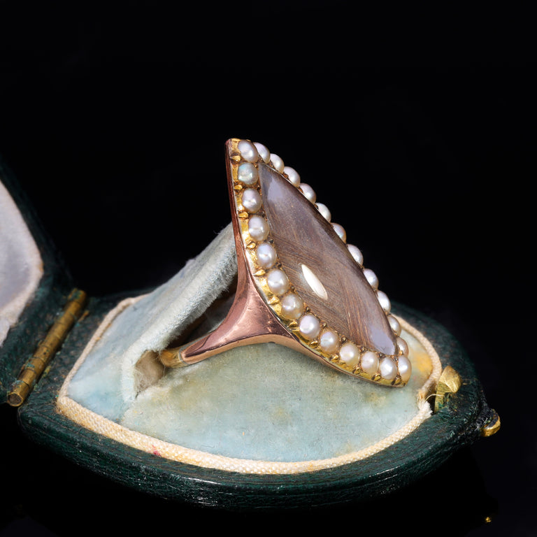 The Antique Early Victorian Hairwork And Pearl Navette Mourning Ring