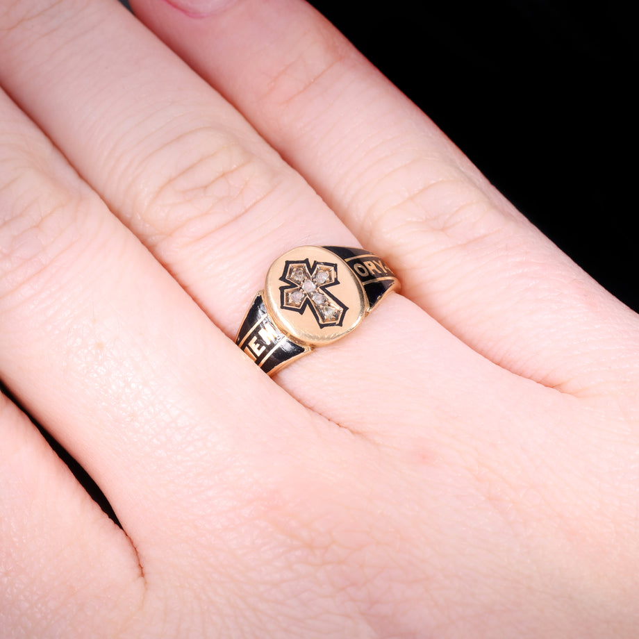 The Antique Victorian 1867 Diamond, Hairwork And Cross Mourning Ring