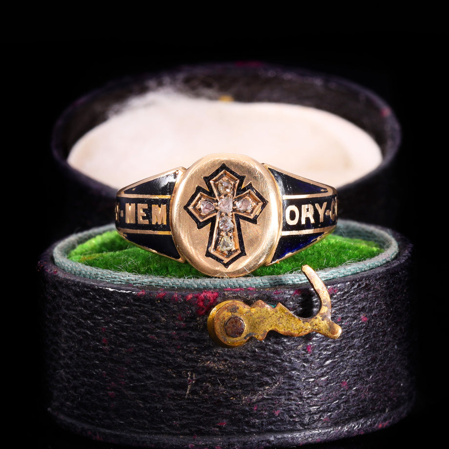 The Antique Victorian 1867 Diamond, Hairwork And Cross Mourning Ring