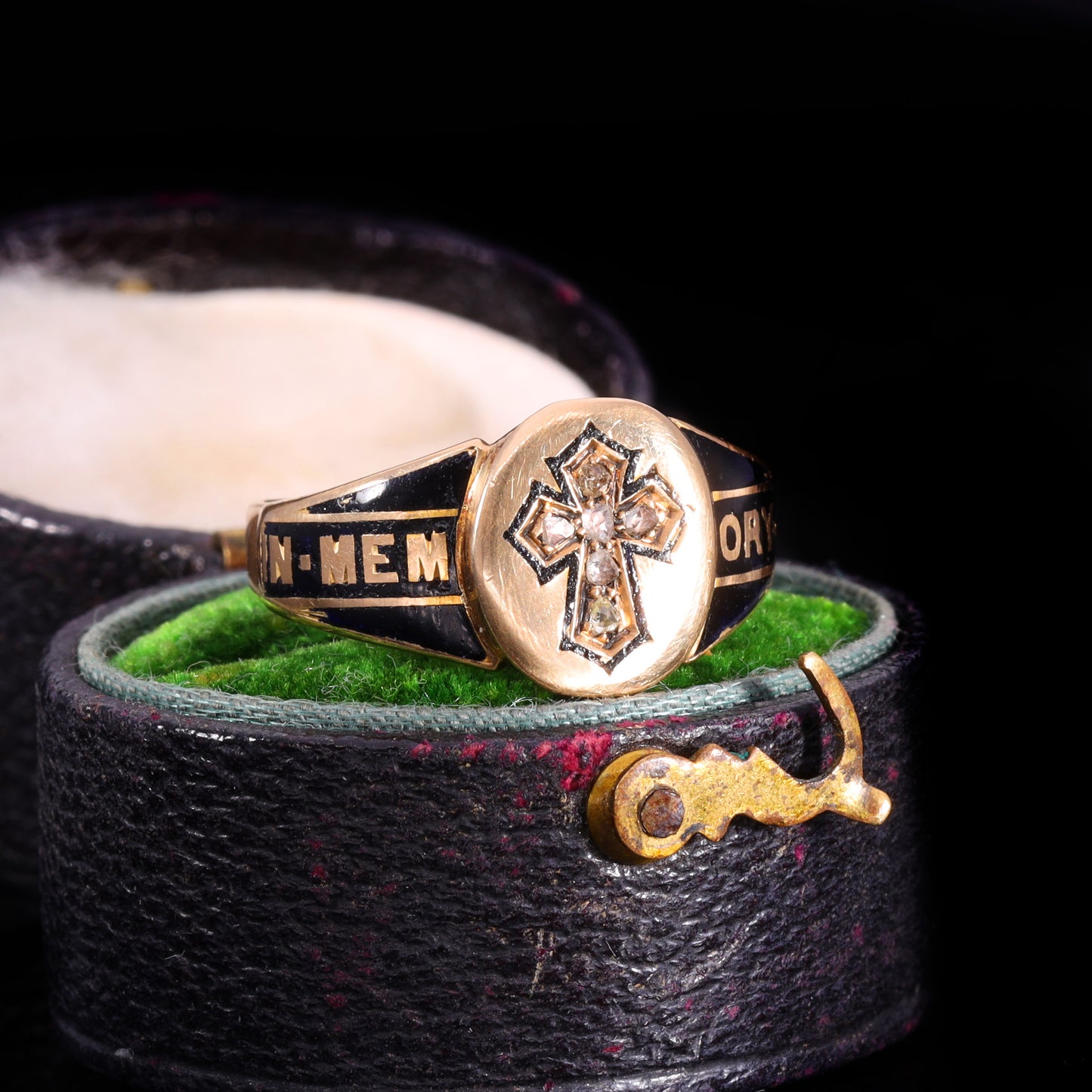 The Antique Victorian 1867 Diamond, Hairwork And Cross Mourning Ring