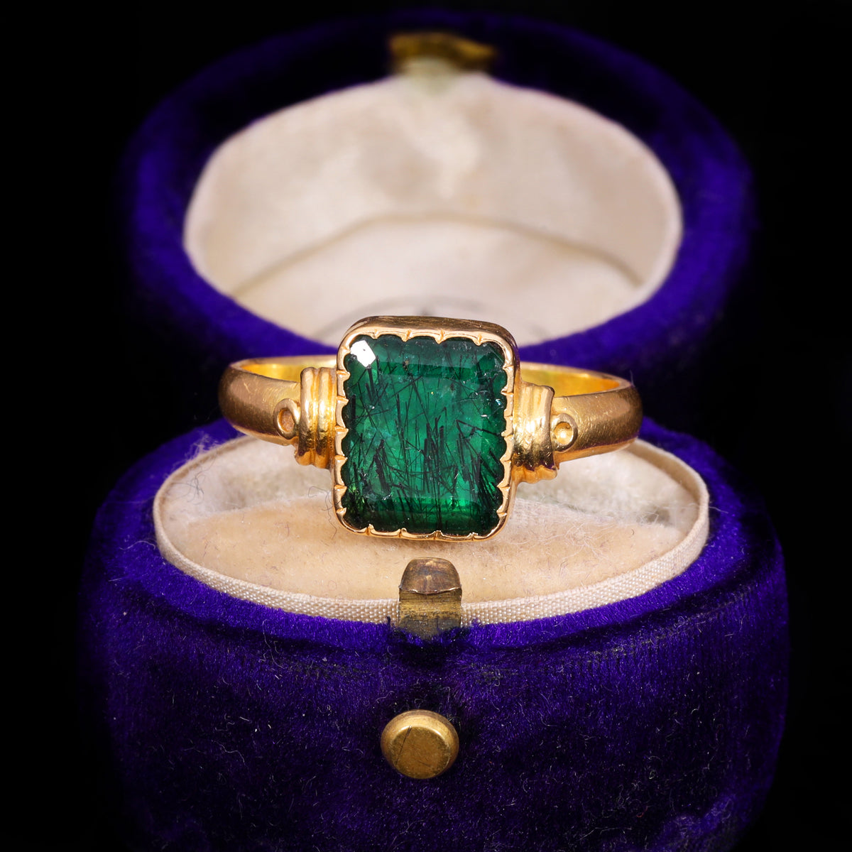 The Antique 19th Century Step Cut Emerald Crimped Edge Ring