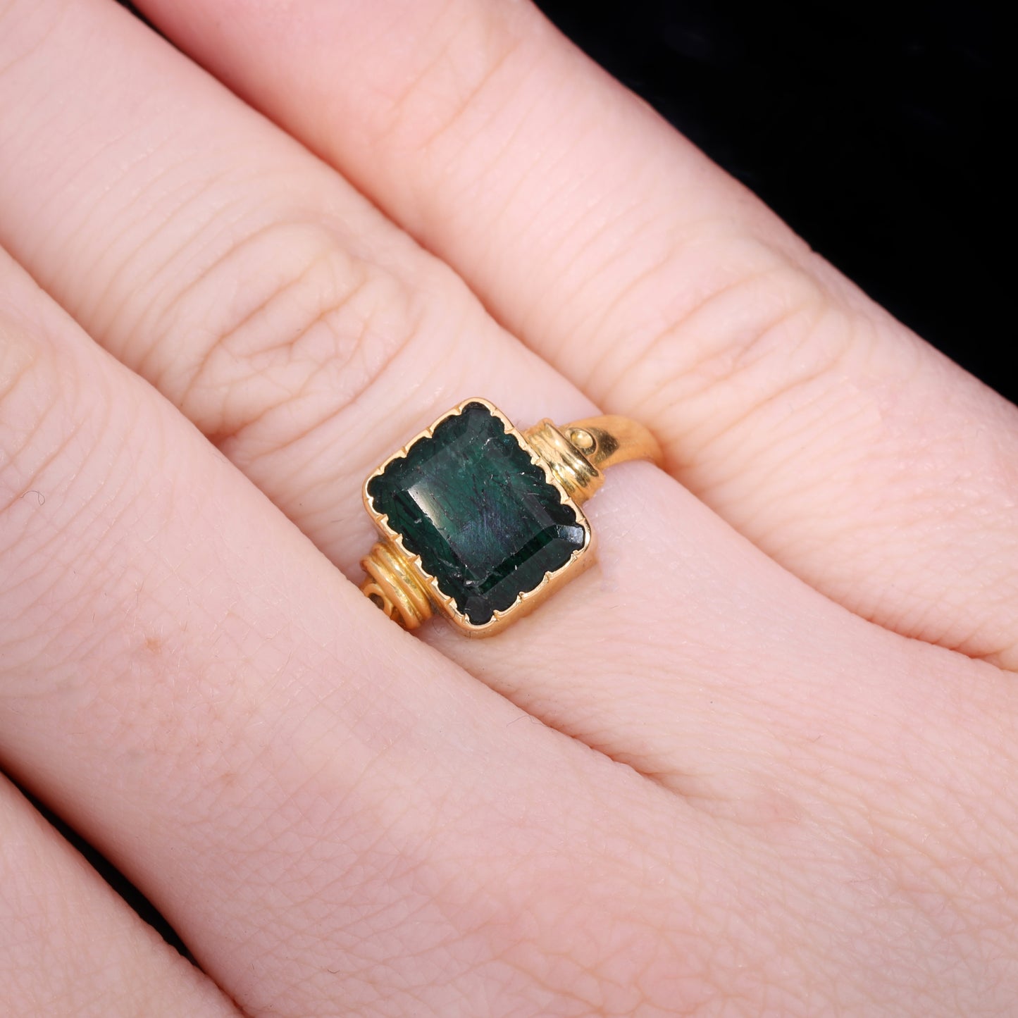 The Antique 19th Century Step Cut Emerald Crimped Edge Ring