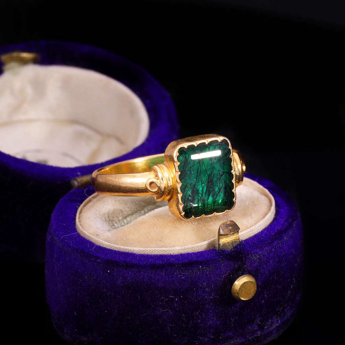 The Antique 19th Century Step Cut Emerald Crimped Edge Ring