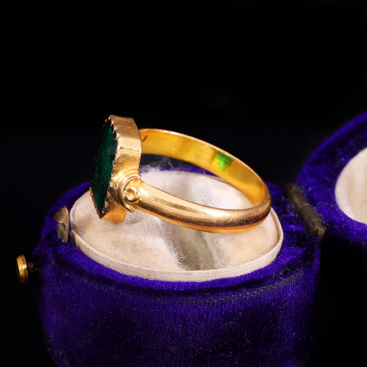 The Antique 19th Century Step Cut Emerald Crimped Edge Ring