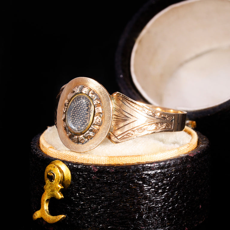 The Antique Victorian 1899 Engraved Shoulder Hairwork Mourning Ring