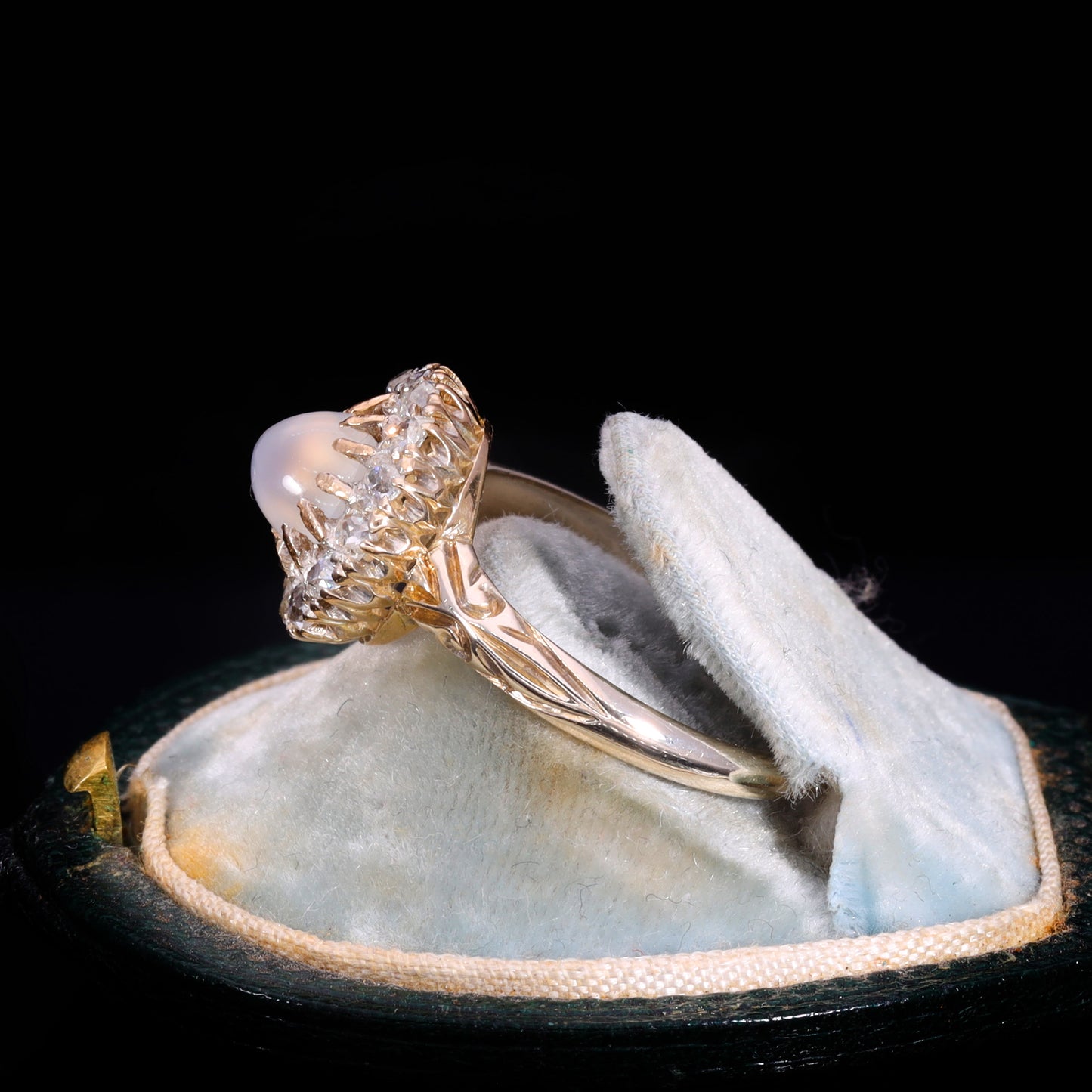 The Antique Victorian Moonstone and Old Cut Diamond Cluster Ring