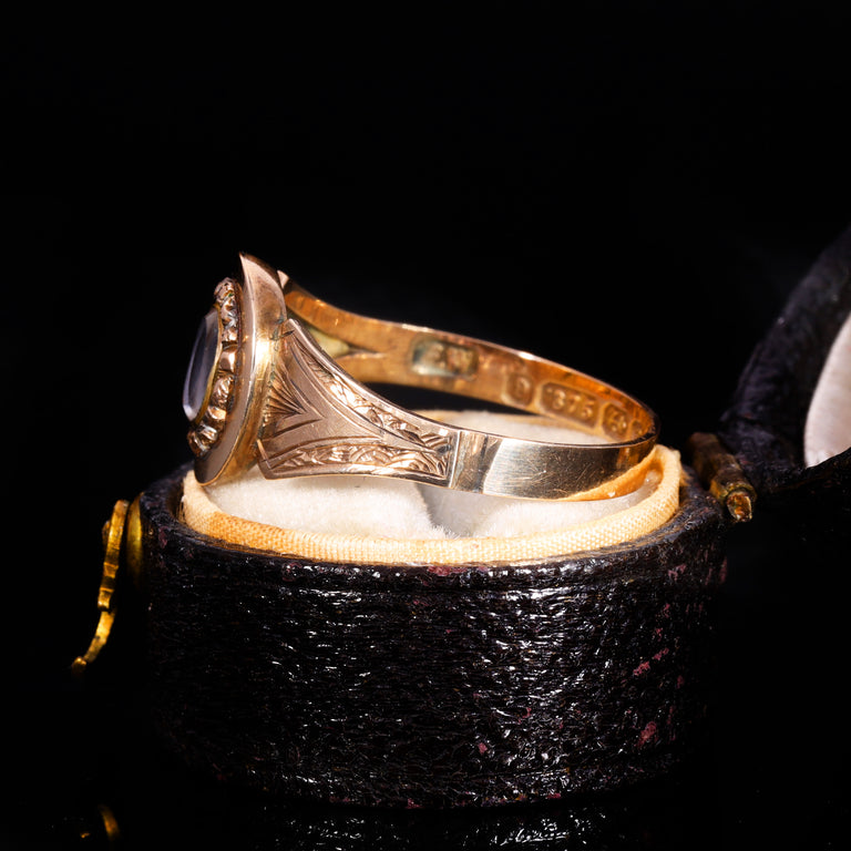 The Antique Victorian 1899 Engraved Shoulder Hairwork Mourning Ring