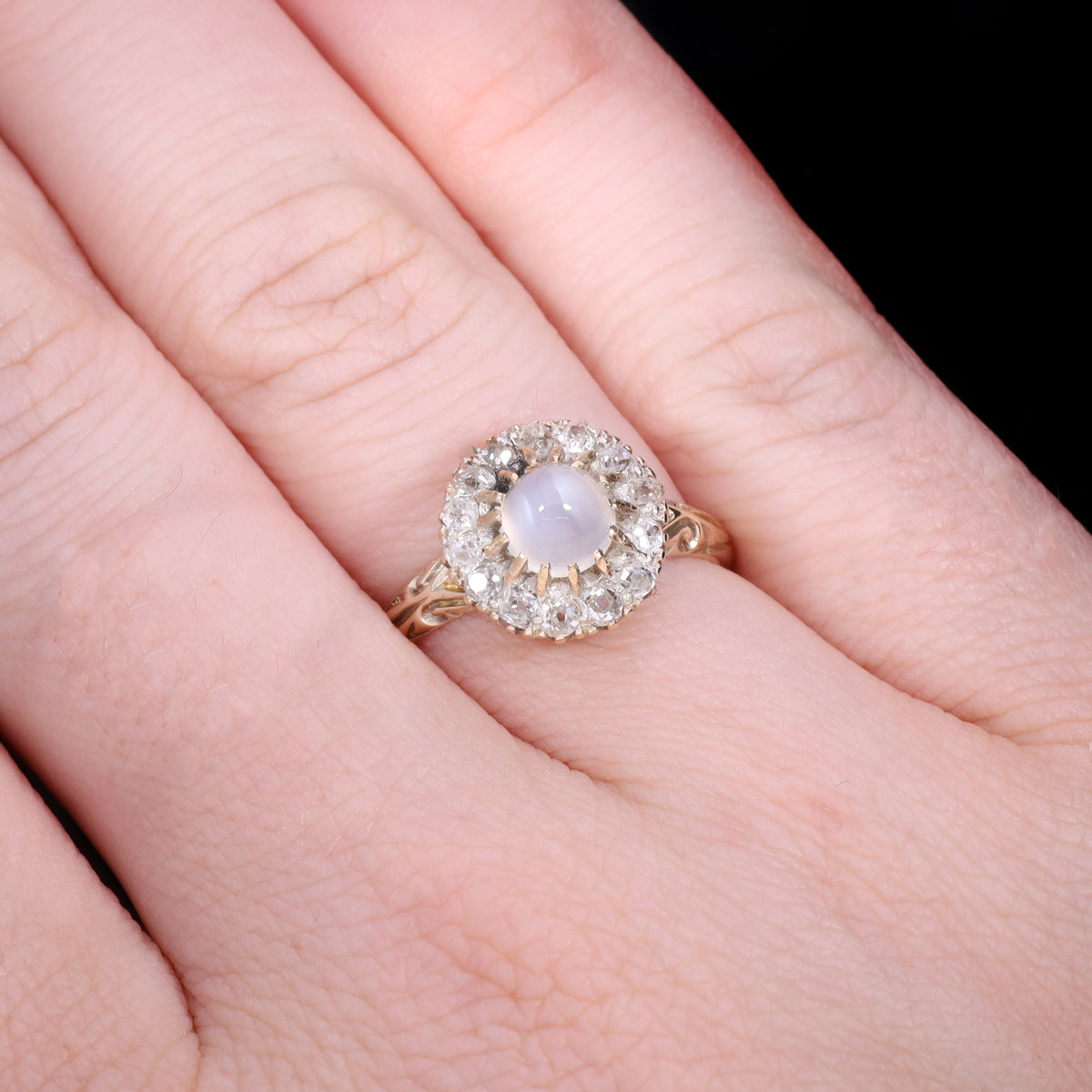 The Antique Victorian Moonstone and Old Cut Diamond Cluster Ring