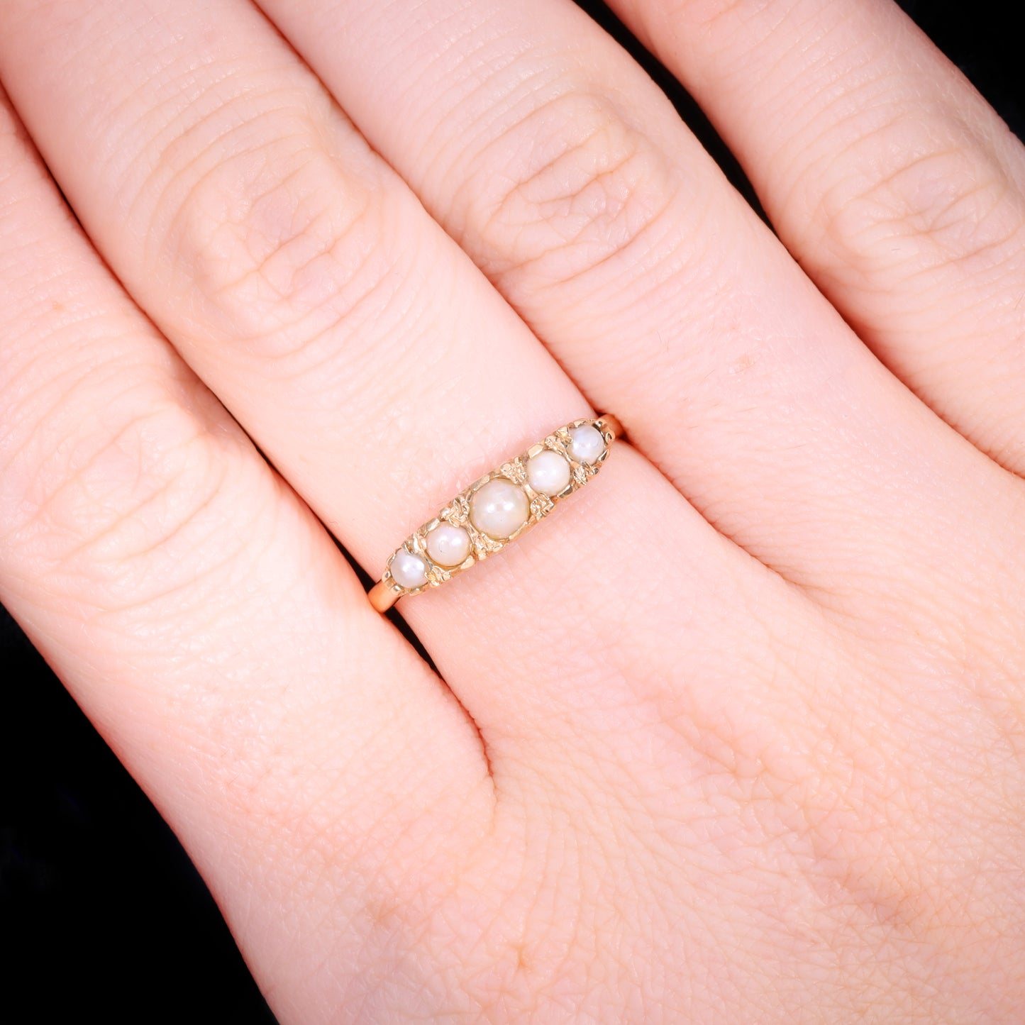 The Vintage 9ct Gold Five Pearl Scrollwork Ring