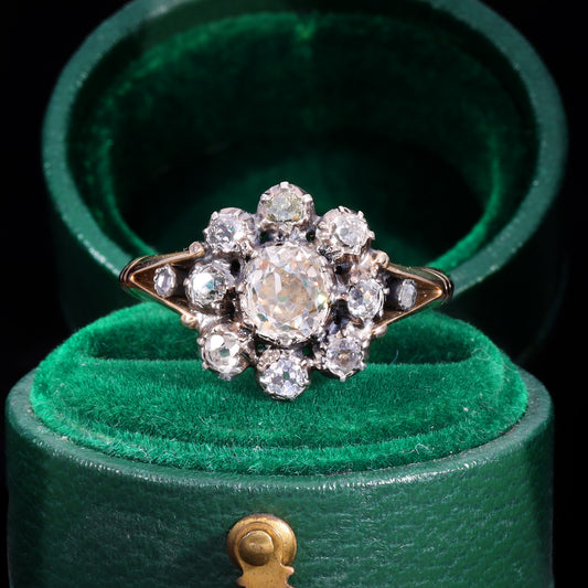 The Antique Georgian Eleven Old European Cut Diamond Cluster Ring