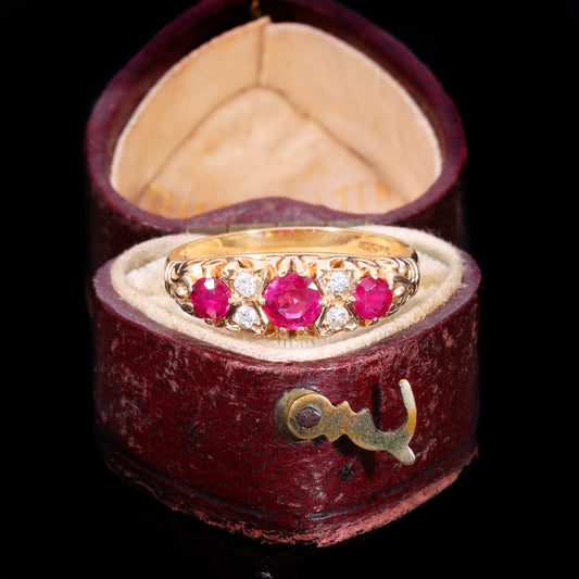 The Vintage 9ct Gold Three Ruby And Diamond Scrollwork Ring