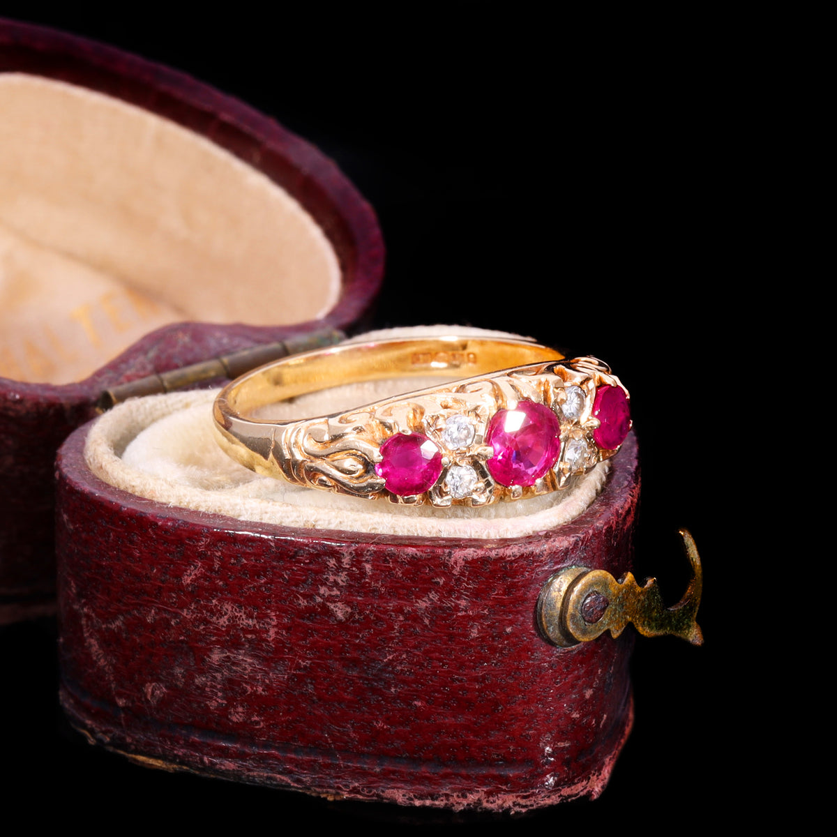 The Vintage 9ct Gold Three Ruby And Diamond Scrollwork Ring