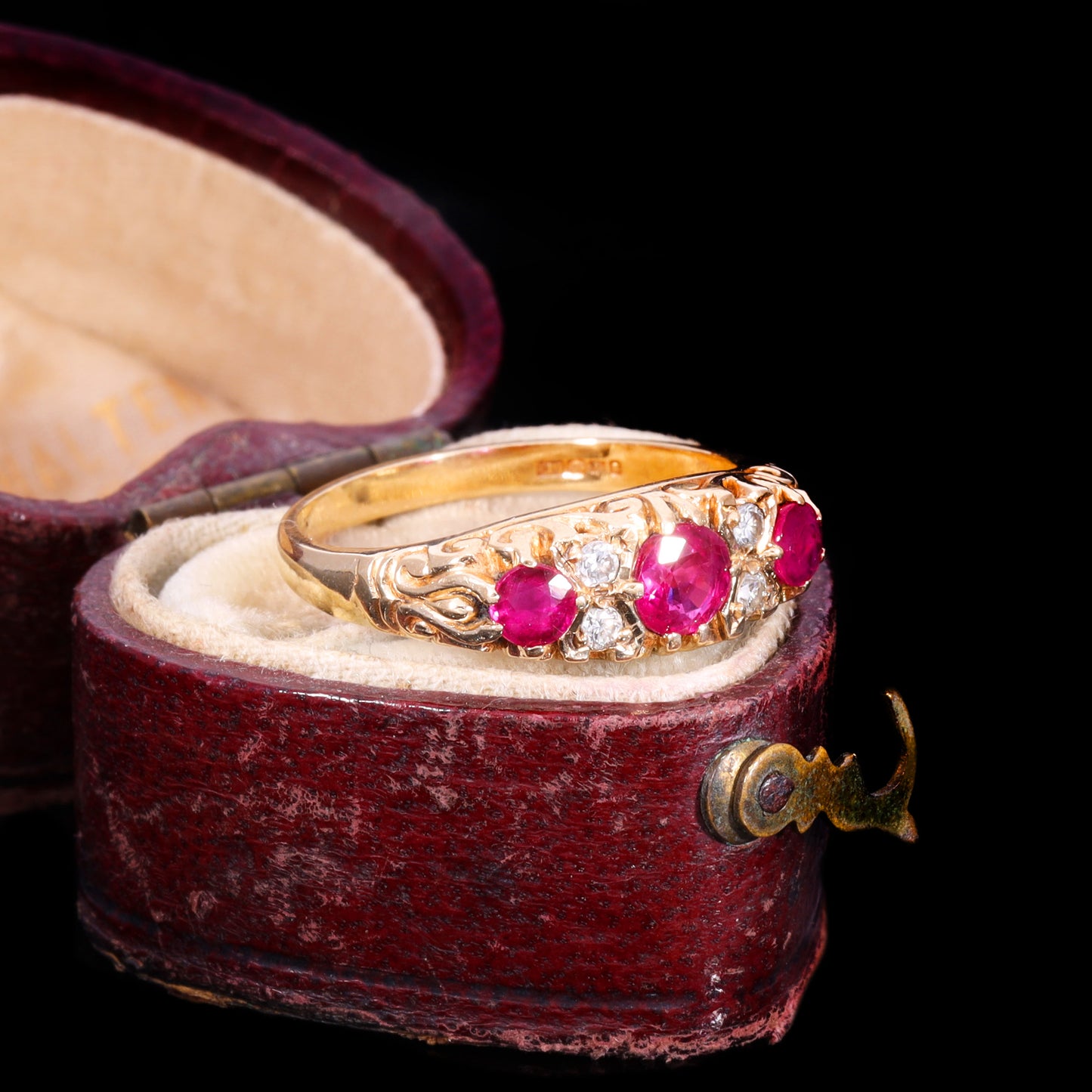 The Vintage 9ct Gold Three Ruby And Diamond Scrollwork Ring