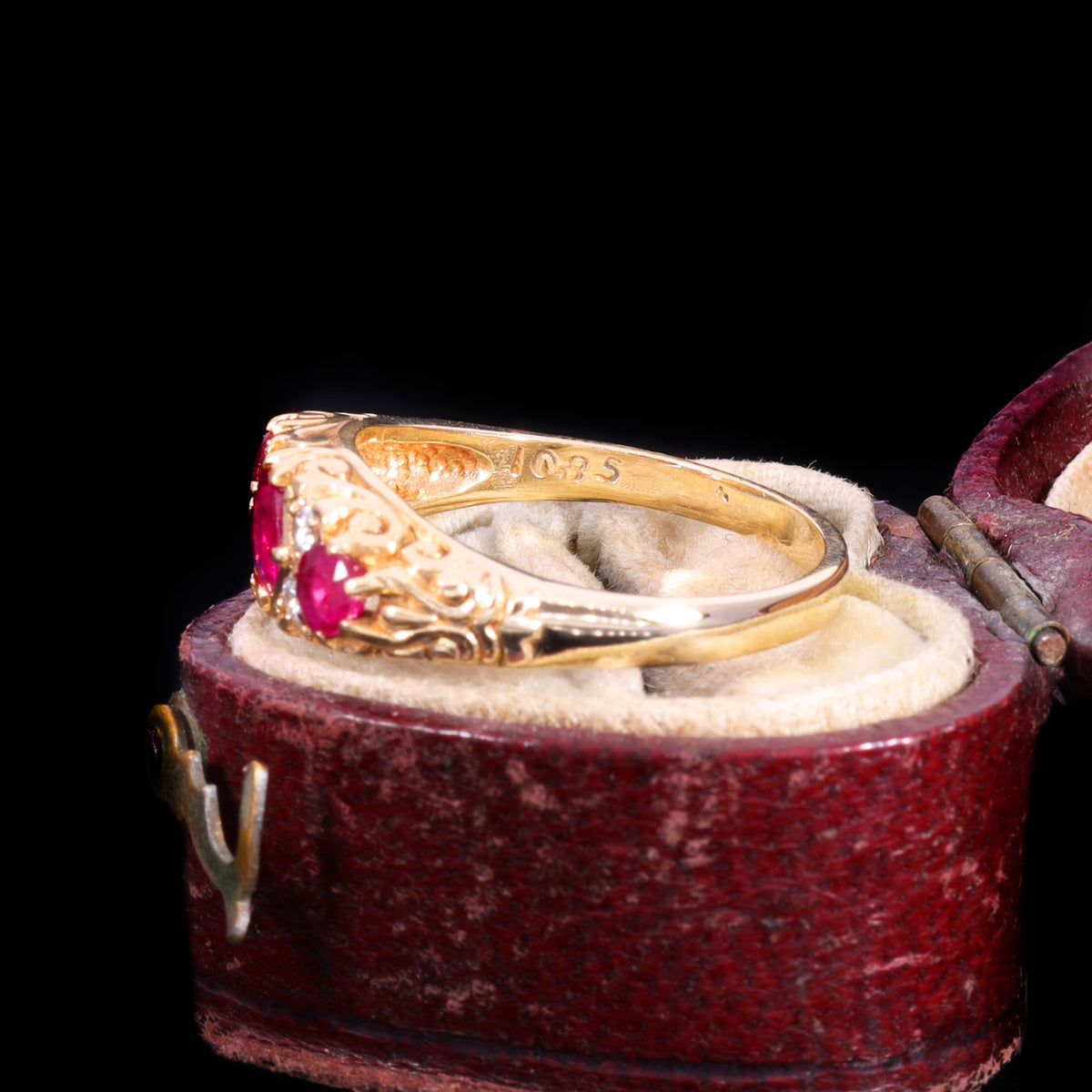 The Vintage 9ct Gold Three Ruby And Diamond Scrollwork Ring