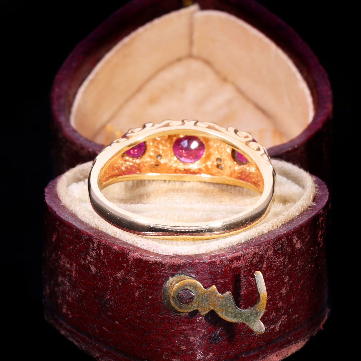 The Vintage 9ct Gold Three Ruby And Diamond Scrollwork Ring
