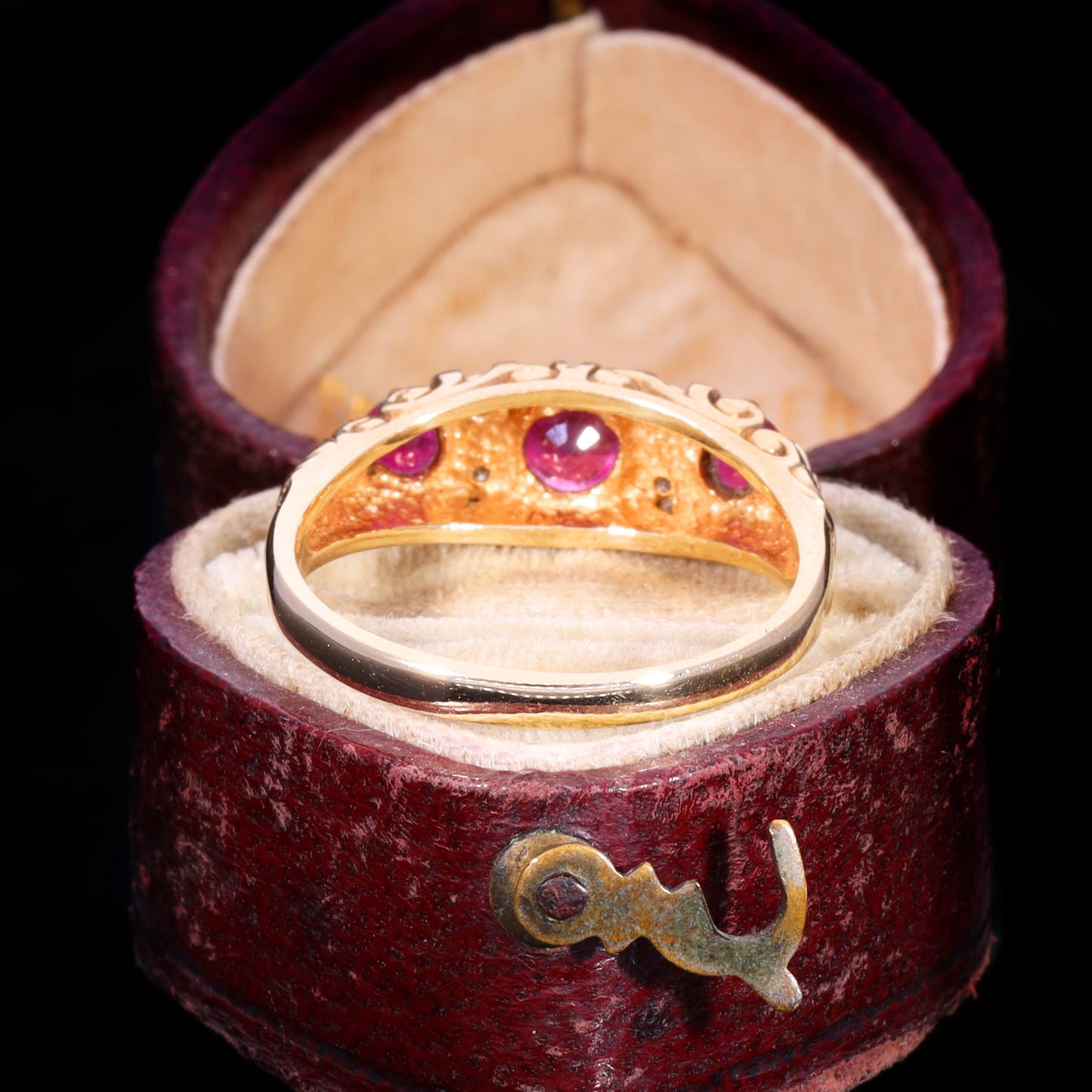 The Vintage 9ct Gold Three Ruby And Diamond Scrollwork Ring
