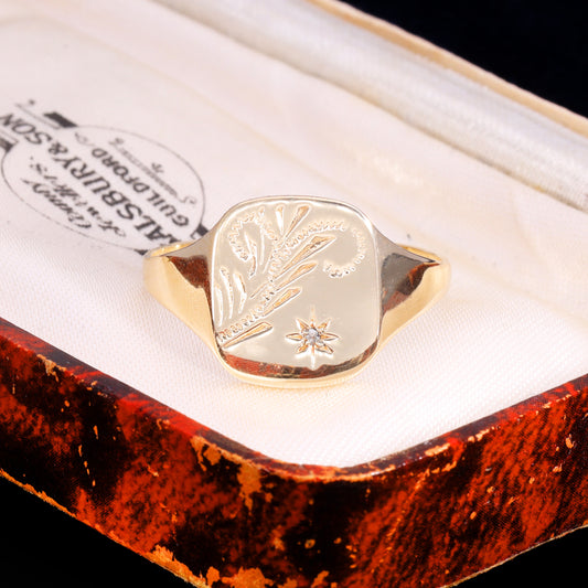 The Vintage 9ct Gold Fleur De Lis Engraving Diamond Signet Ring
