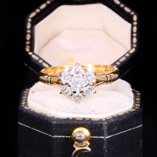 Front view of 1989 18ct gold seven-stone diamond floral cluster ring