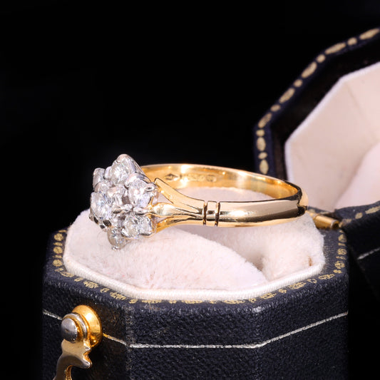 Side profile of 18ct gold diamond daisy cluster ring showing split shoulders