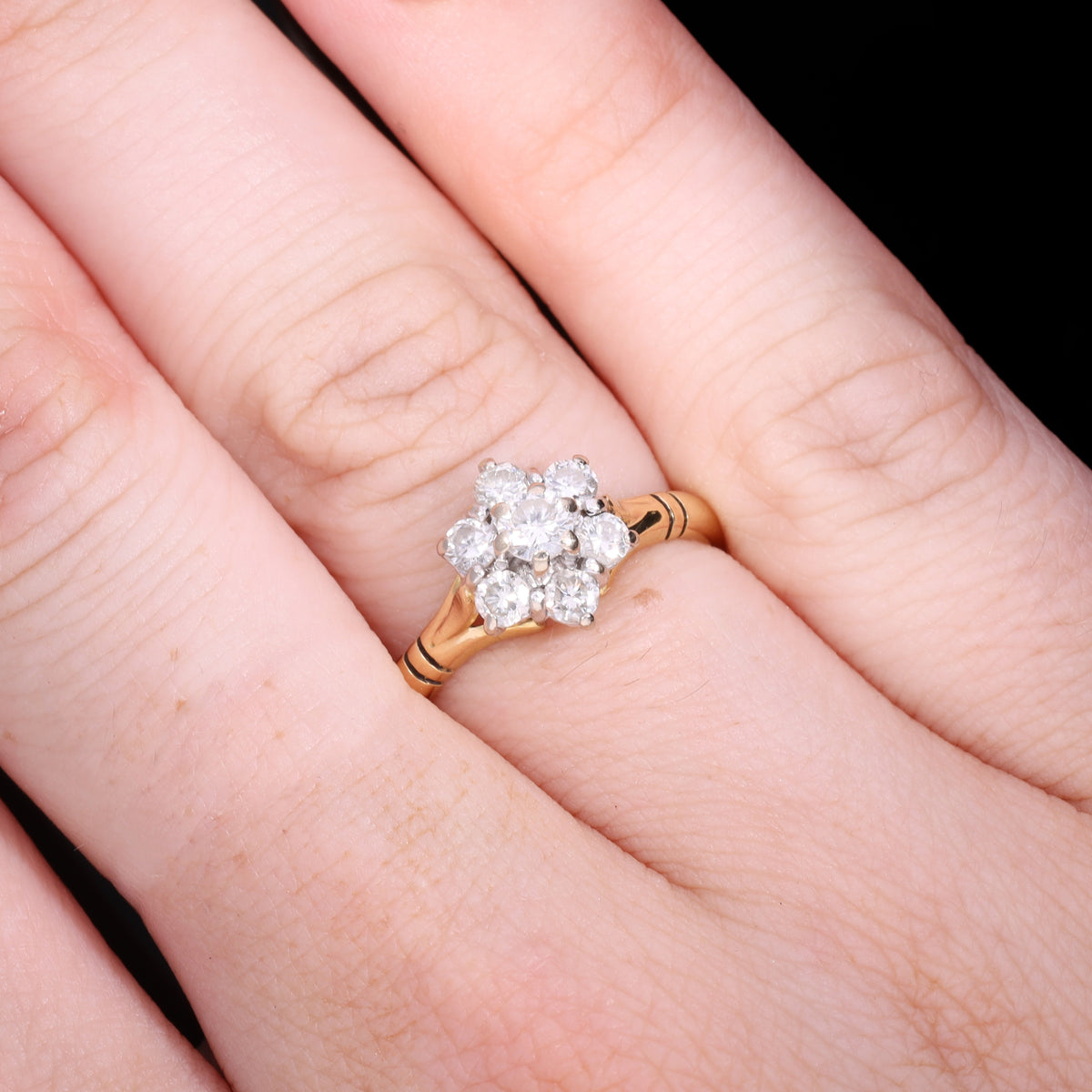 Ring worn on hand showing scale of diamond daisy cluster