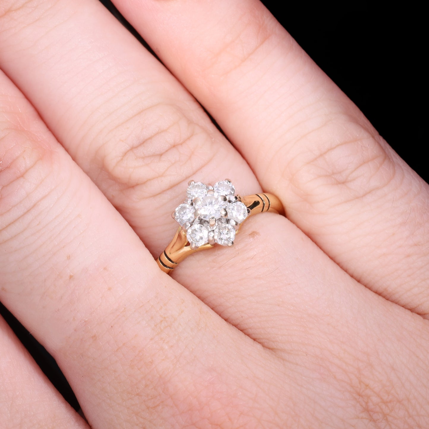 Ring worn on hand showing scale of diamond daisy cluster