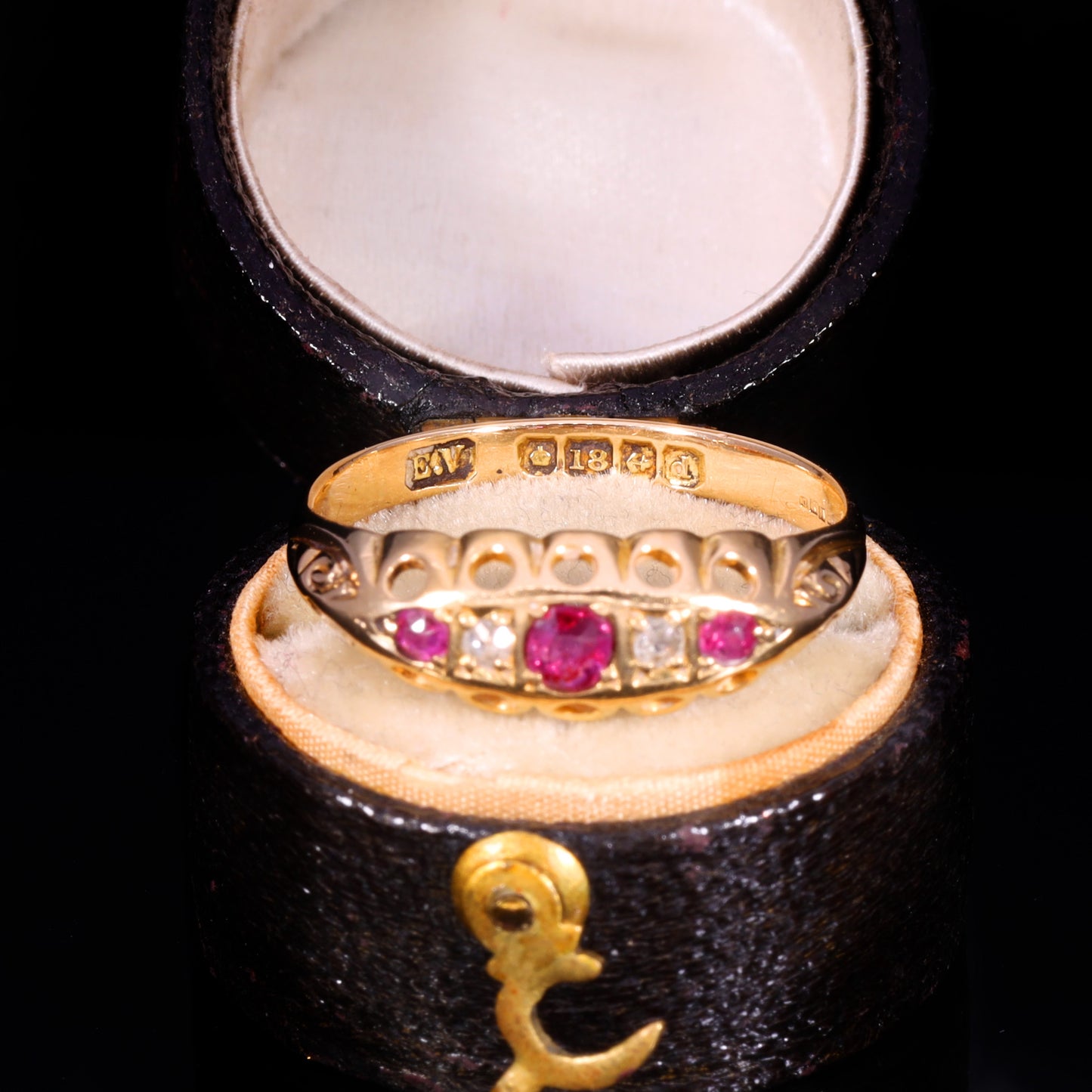 Birmingham 1903 hallmark stamps on inner band of ruby and diamond boat ring