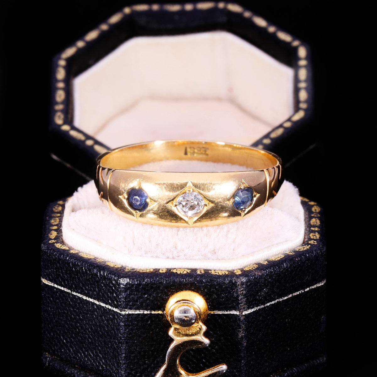 Front view of Victorian 18ct gold three-stone sapphire and diamond gypsy ring