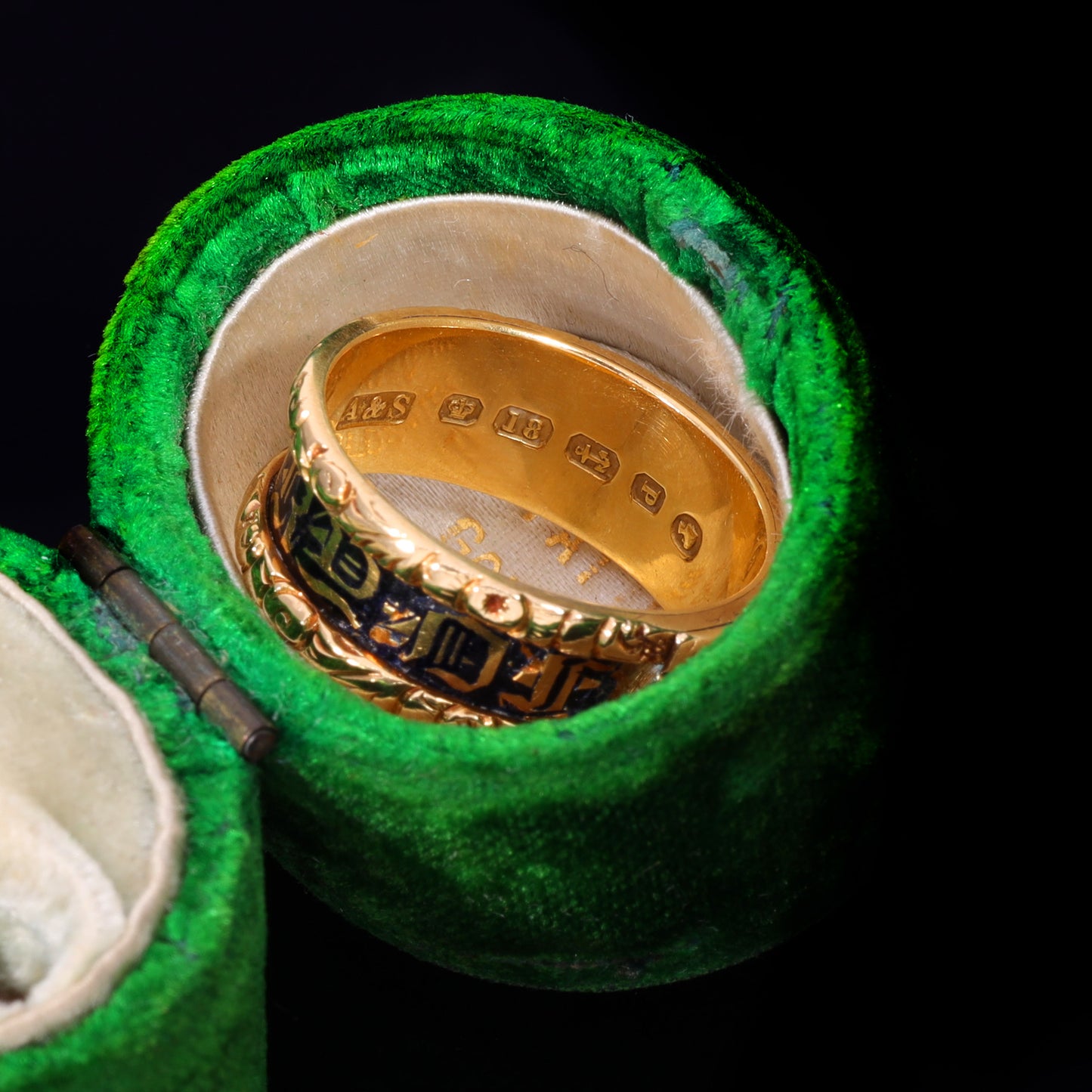Hallmark stamps on inner band of Victorian 18ct gold mourning ring