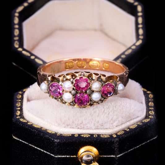 The Antique Victorian 1875 Almandine Garnet and Seed Pearl Ring