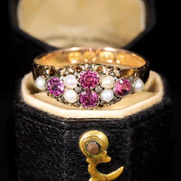 The Antique Victorian 1875 Almandine Garnet and Seed Pearl Ring