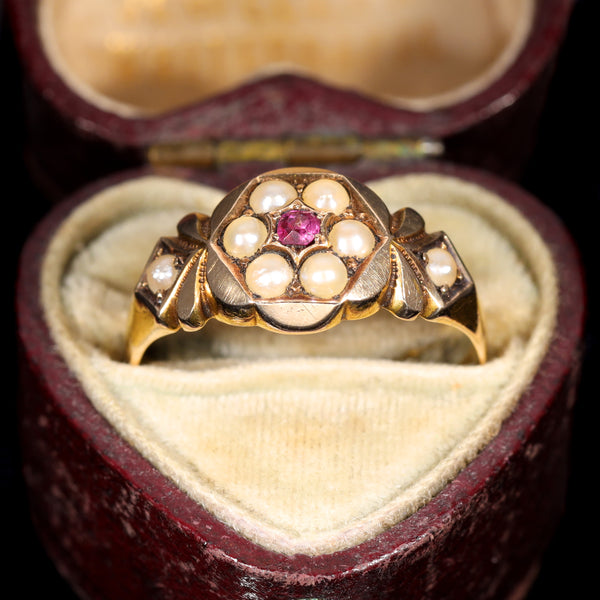 The Antique 1885 Victorian Pearl and Ruby Daisy Ring