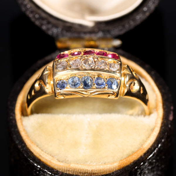 The Antique 1903 Edwardian Ruby, Diamond and Sapphire Ring