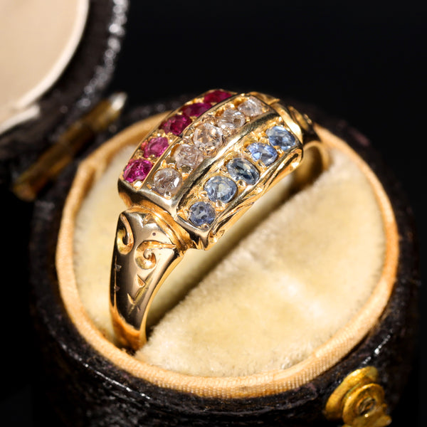 The Antique 1903 Edwardian Ruby, Diamond and Sapphire Ring