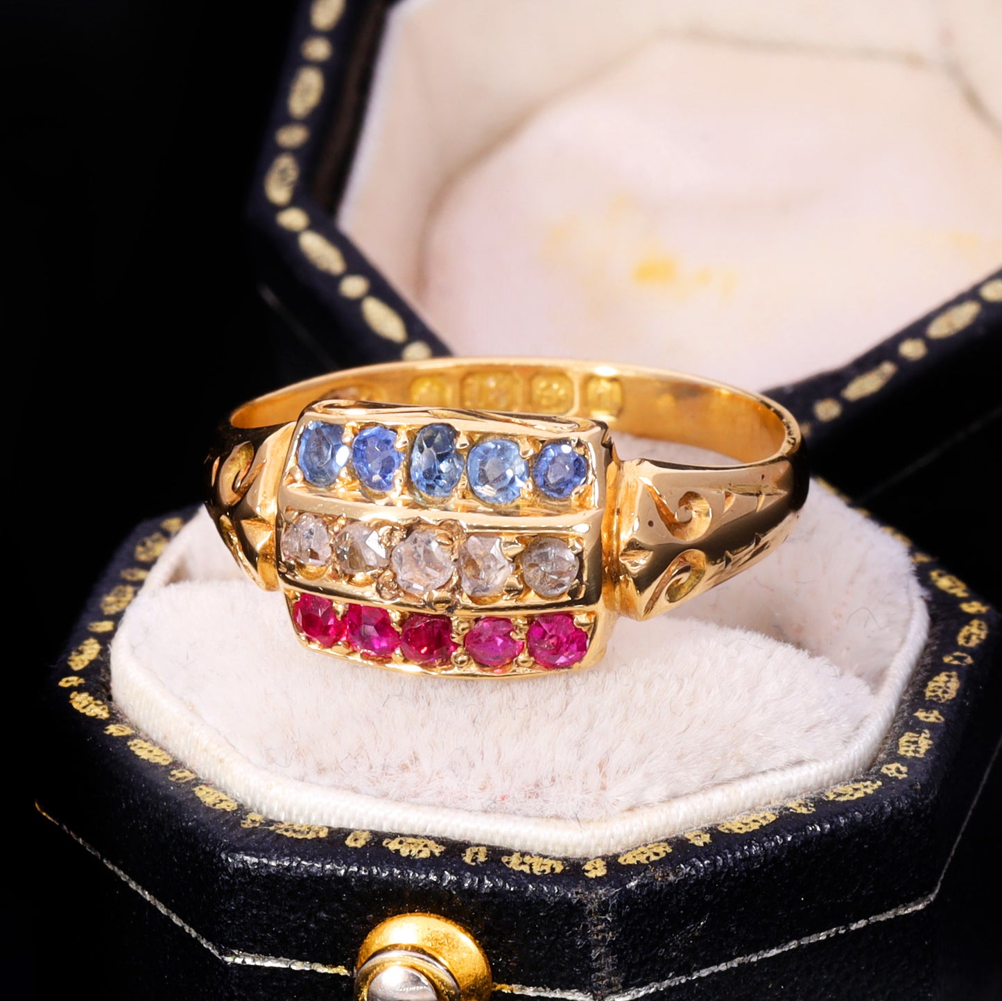 The Antique 1903 Edwardian Ruby, Diamond and Sapphire Ring